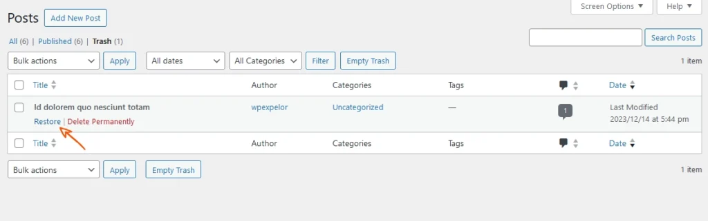 wpexpelor WordPress trash location