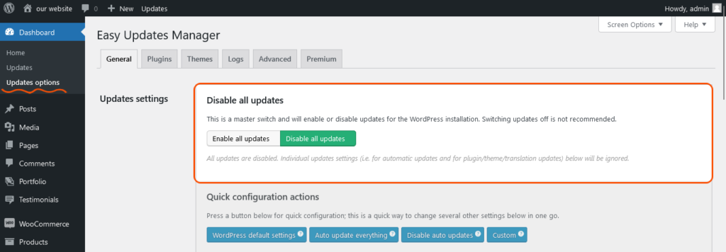 Easy Updates Manager plugin setting