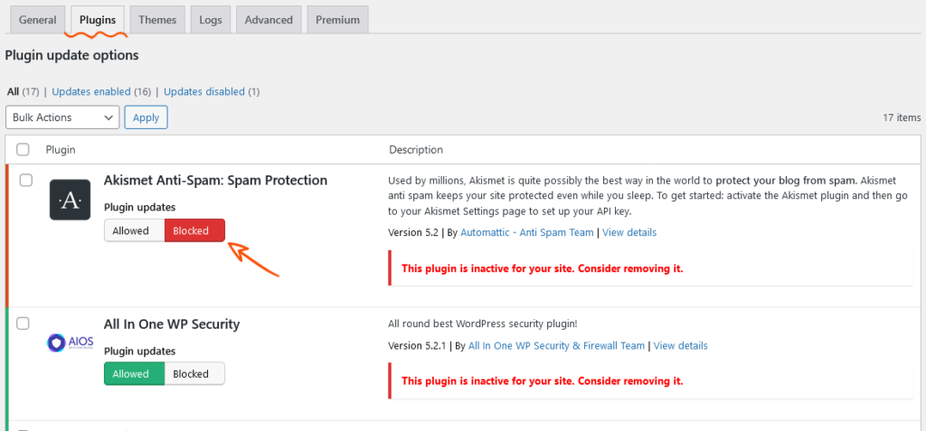 plugin update block settings