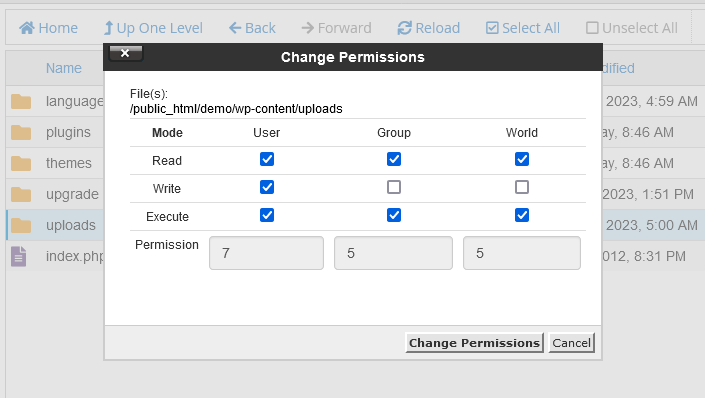 wordpress folder access level