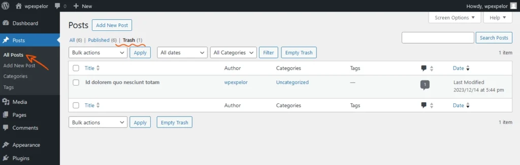 Wordpress trash location for Deleted posts and pages